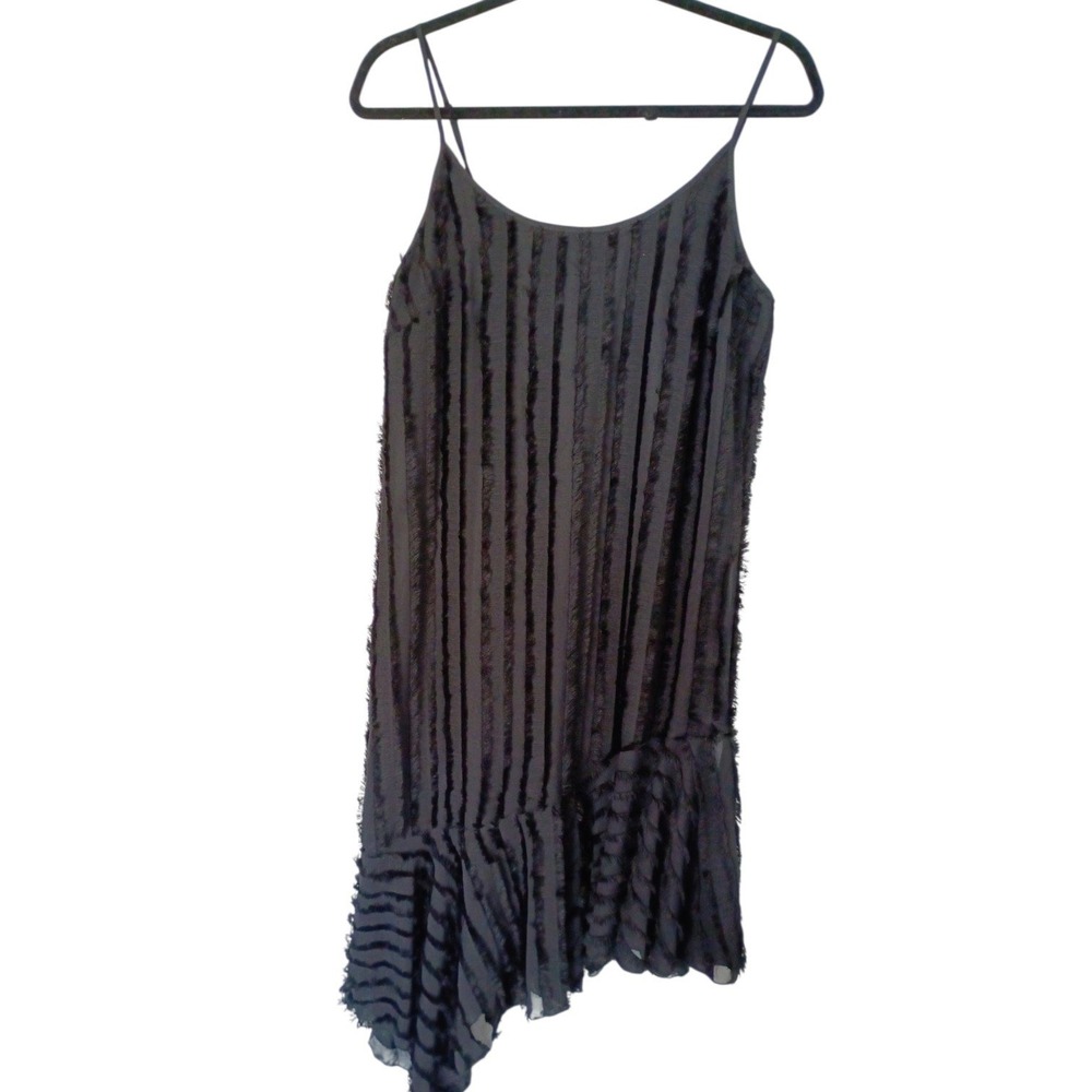 Anthropologie Eri + Ali Black Eyelash Fringe Asymmetric Ruffle Slip Dress Small